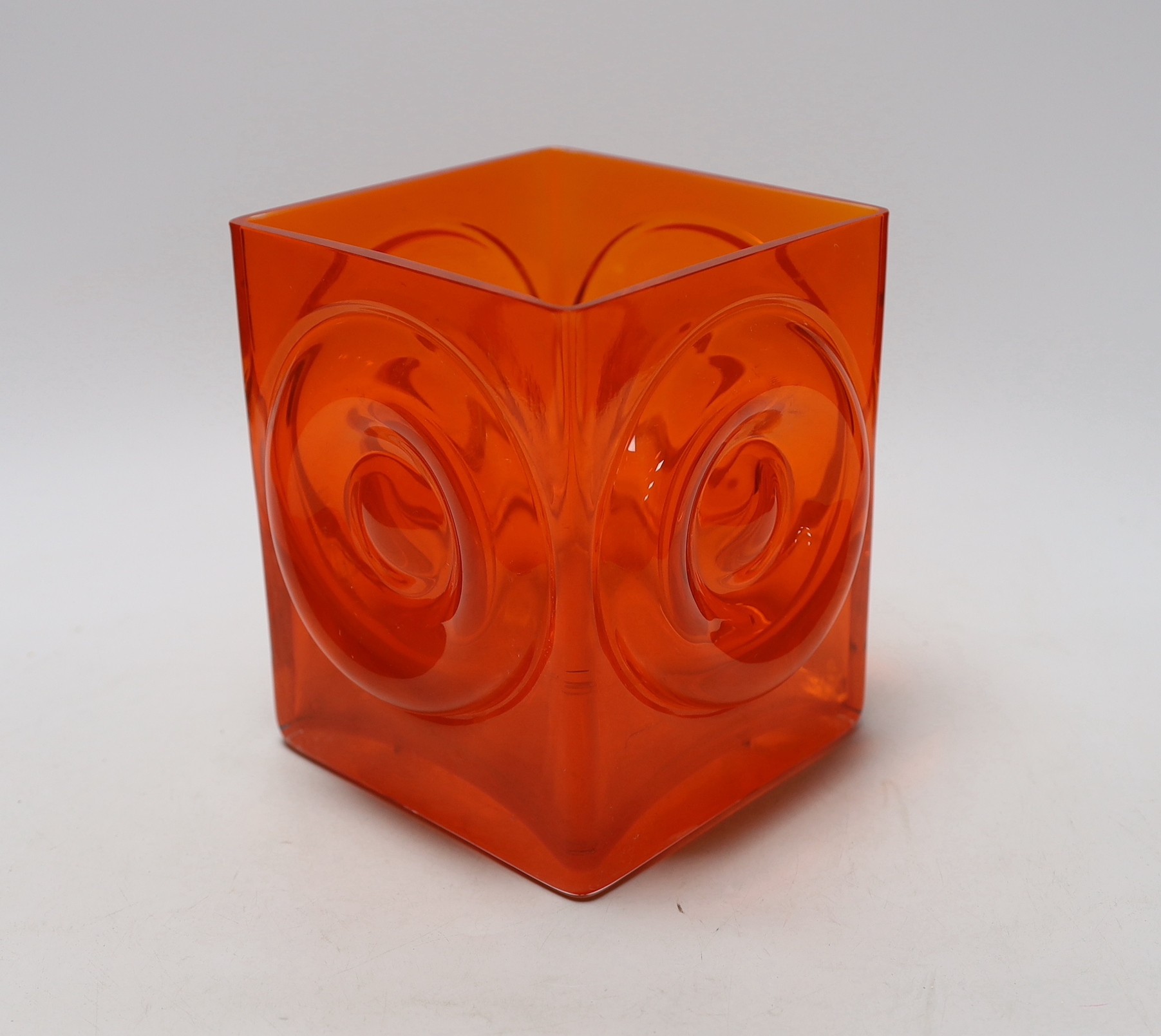 A 1970's tangerine glass vase, 16cms square